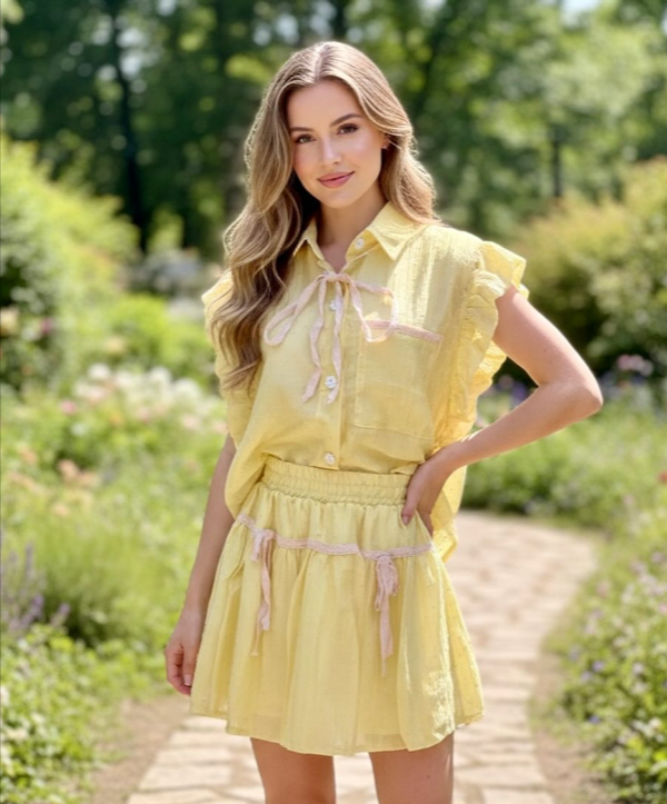 Yellow Ruffle Coord Set — Blouse & Mini Skirt