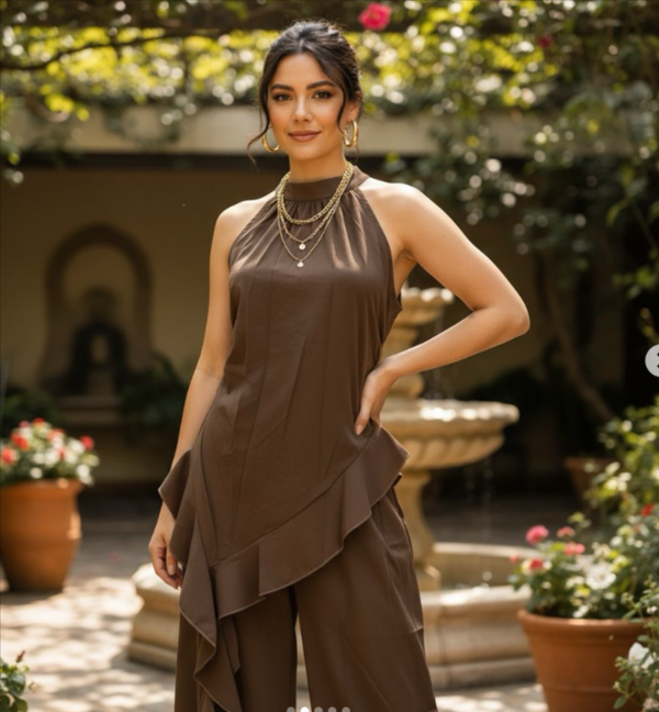 Two-Piece Asymmetrical Top & Wide-Leg Pant Set