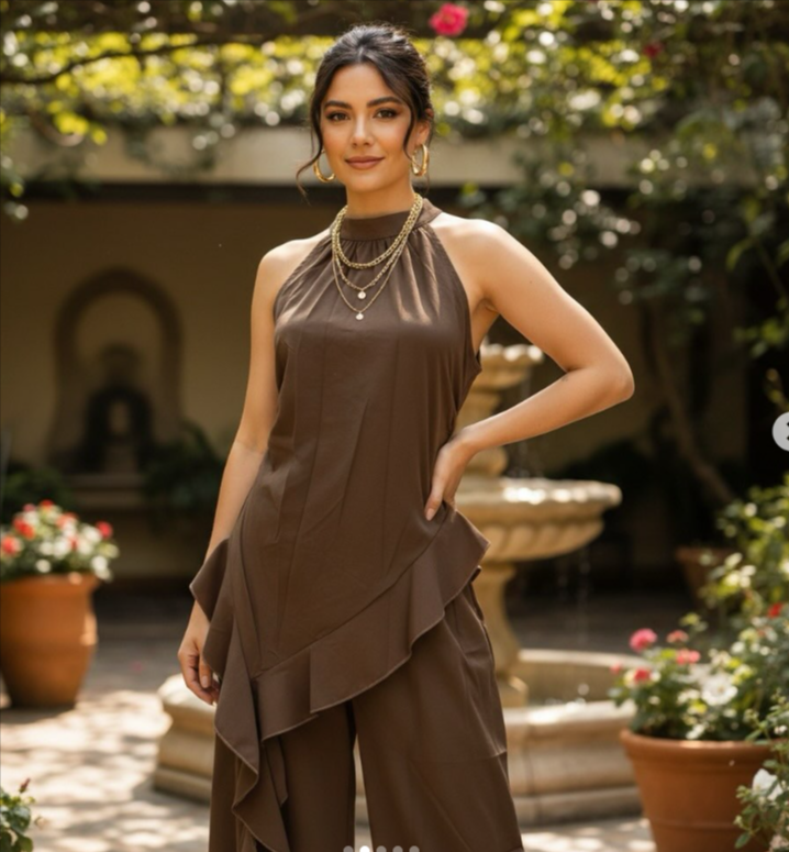 Two-Piece Asymmetrical Top & Wide-Leg Pant Set